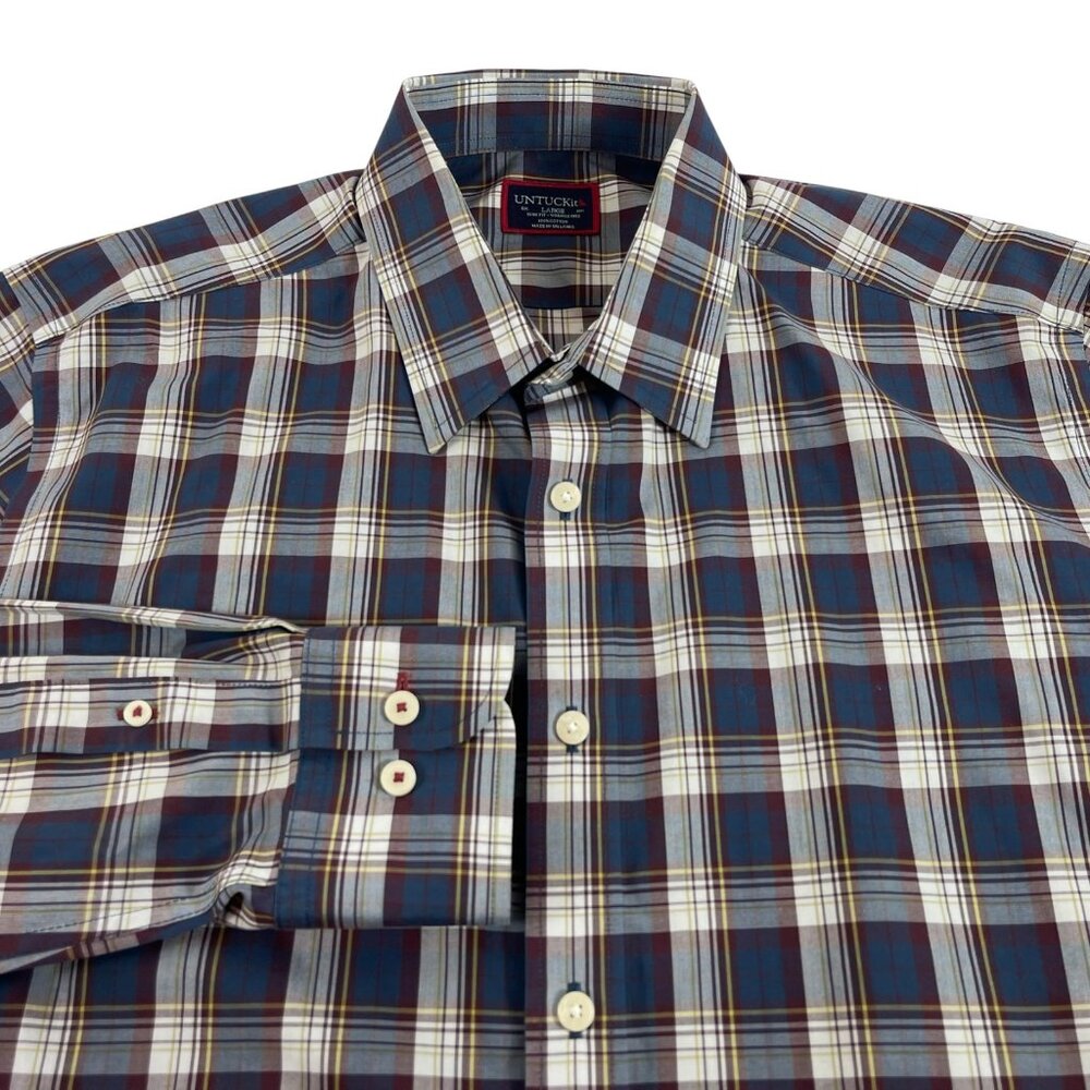 Untuckit Slim Fit Button Front Shirt Mens Large Blue Wrinkle Free Plaid